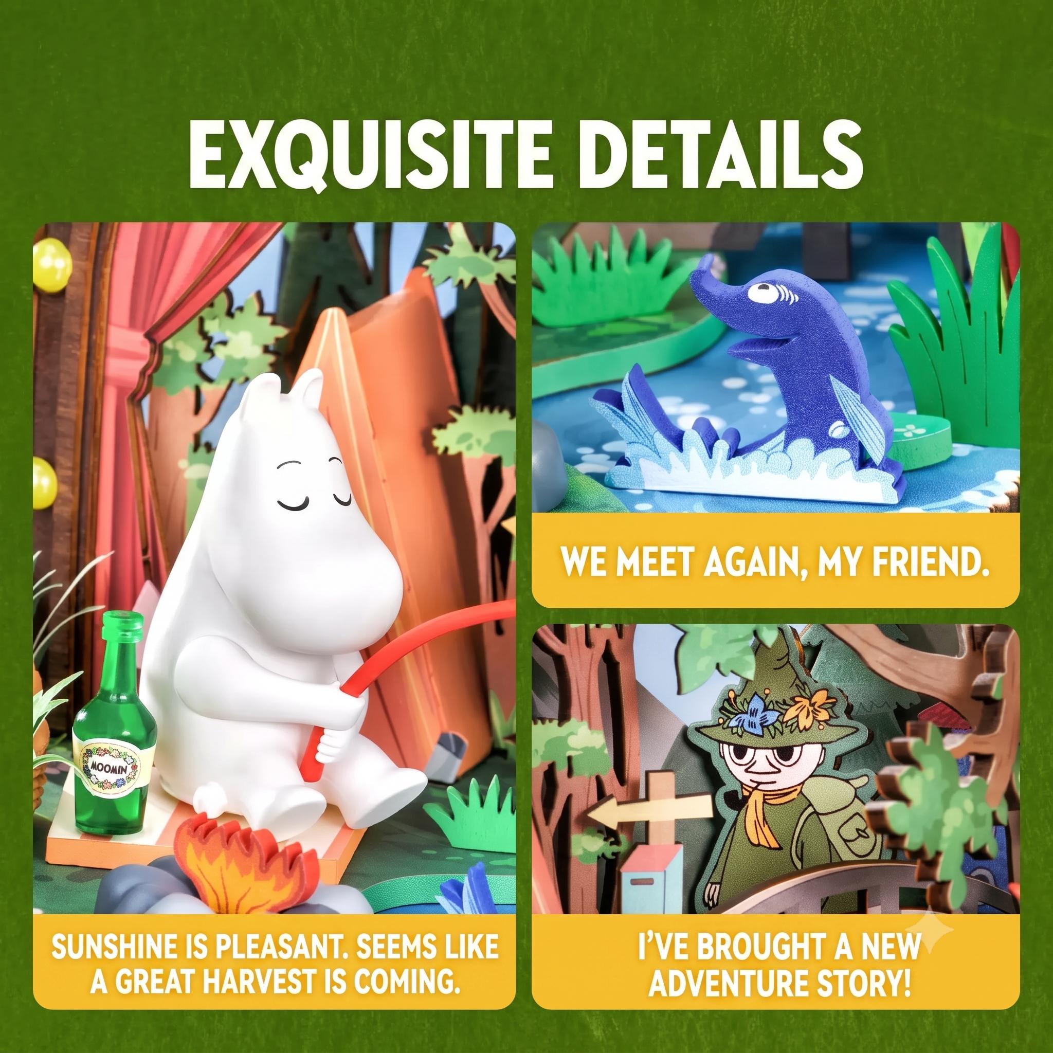 The image is a collage of two pictures featuring a character, likely Moomo, in various settings. The first image shows Moomo sitting on a rock with a bottle of Mooney's beer next to him, and the second image depicts Moomo meeting another character in a forest setting.
