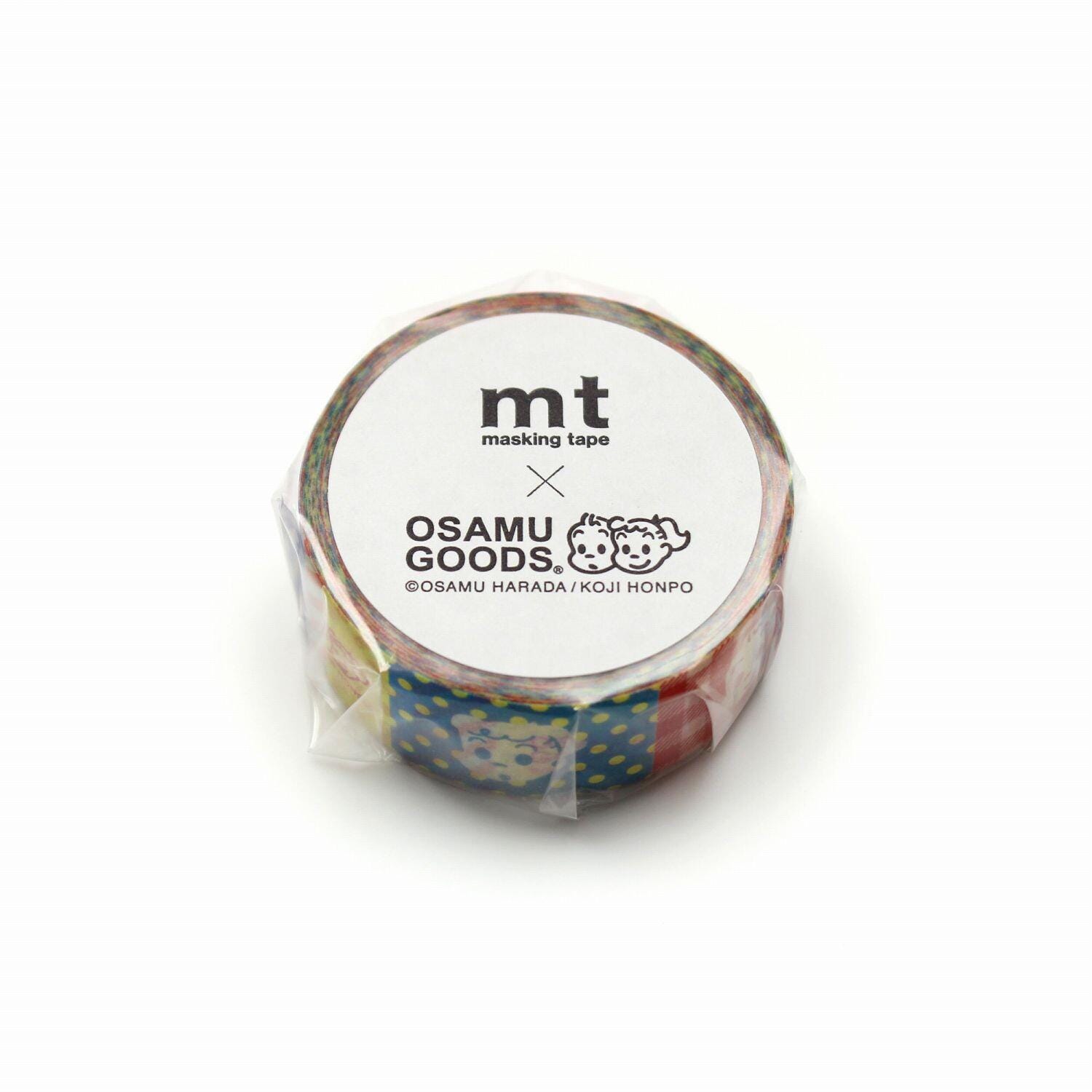A roll of masking tape with a colorful design and text on it.