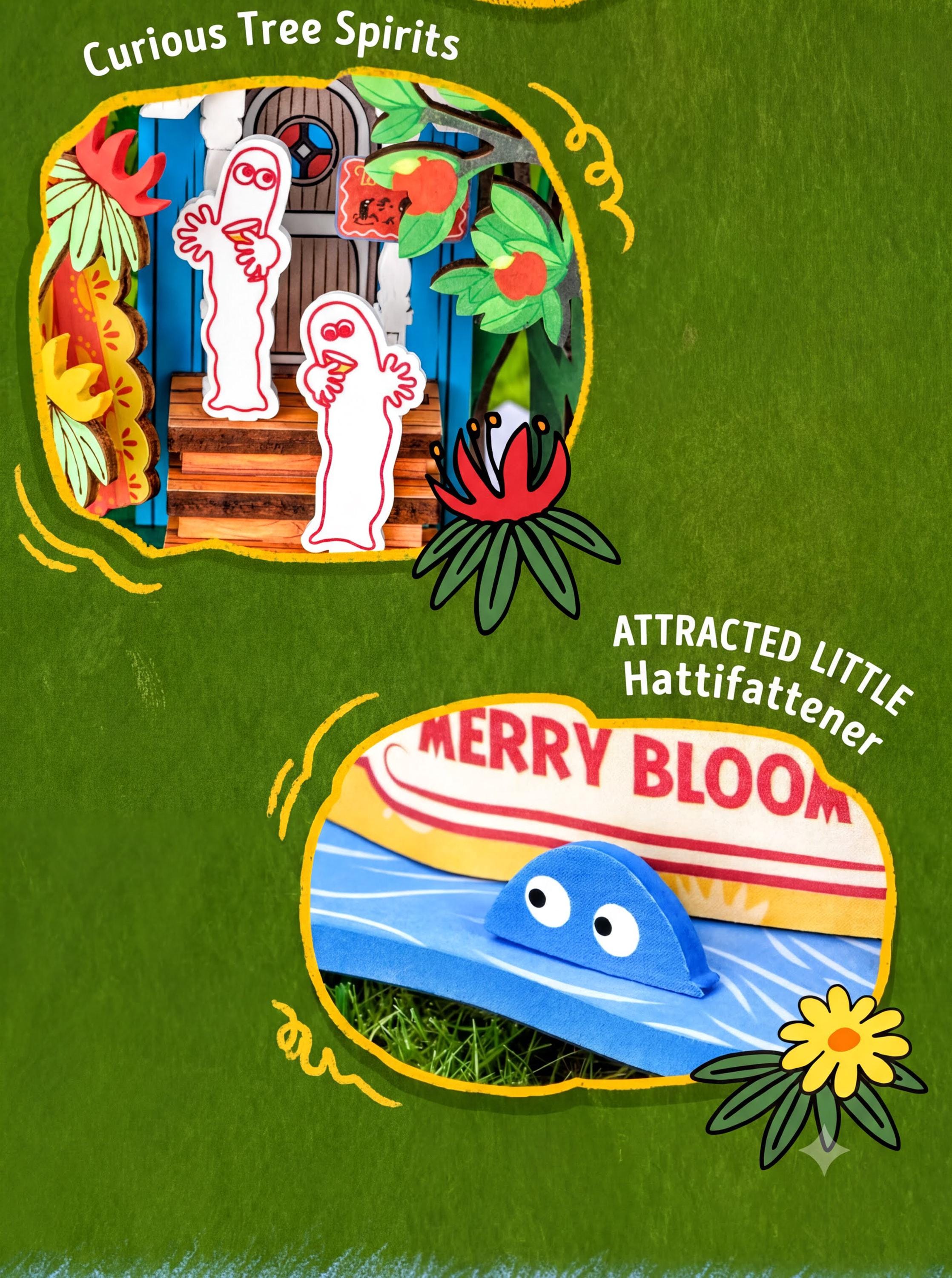 The image is a collage of two separate images. The top image depicts a whimsical scene with a tree and various creatures, while the bottom image features a toy boat with a blue and yellow design and a flower.
