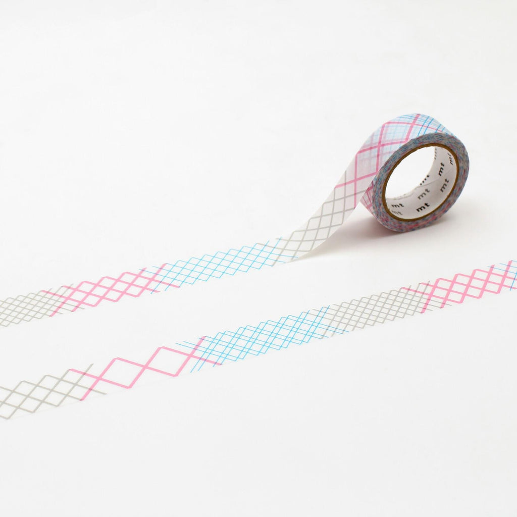 A roll of patterned tape with a geometric design of pink, blue, and gray lines on a white background.