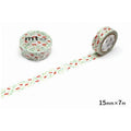 two rolls of floral patterned tape with a repeating pattern of red and green flowers. The tape is placed on a white background, and there is a measurement scale visible indicating the tape's width.