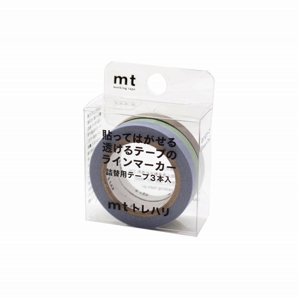 A clear plastic packaging containing a roll of blue and green tape.