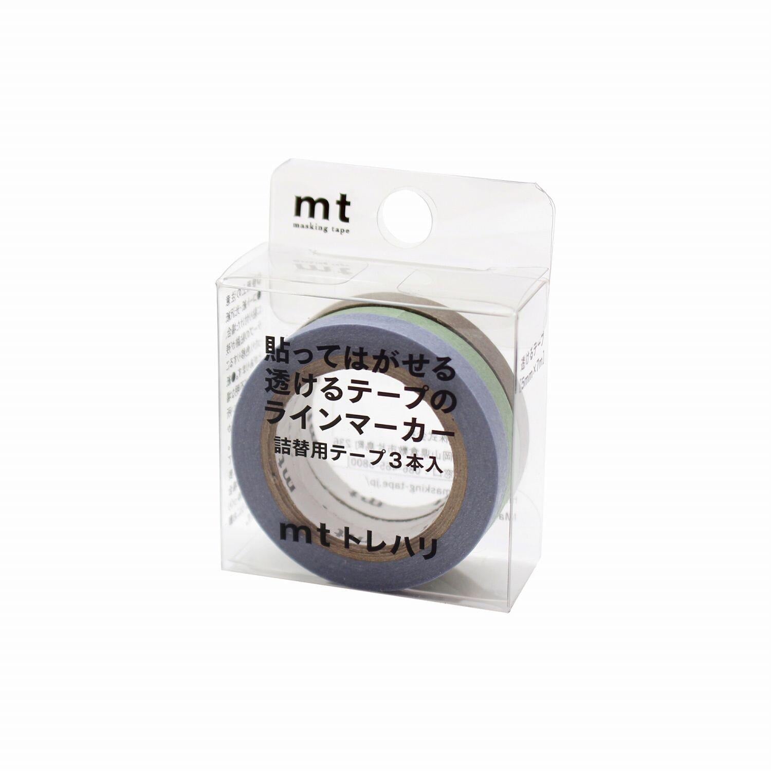 A clear plastic packaging containing a roll of blue and green tape.