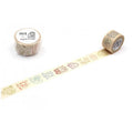 a roll of colorful tape with various cartoon-style illustrations on it, lying on a white surface.