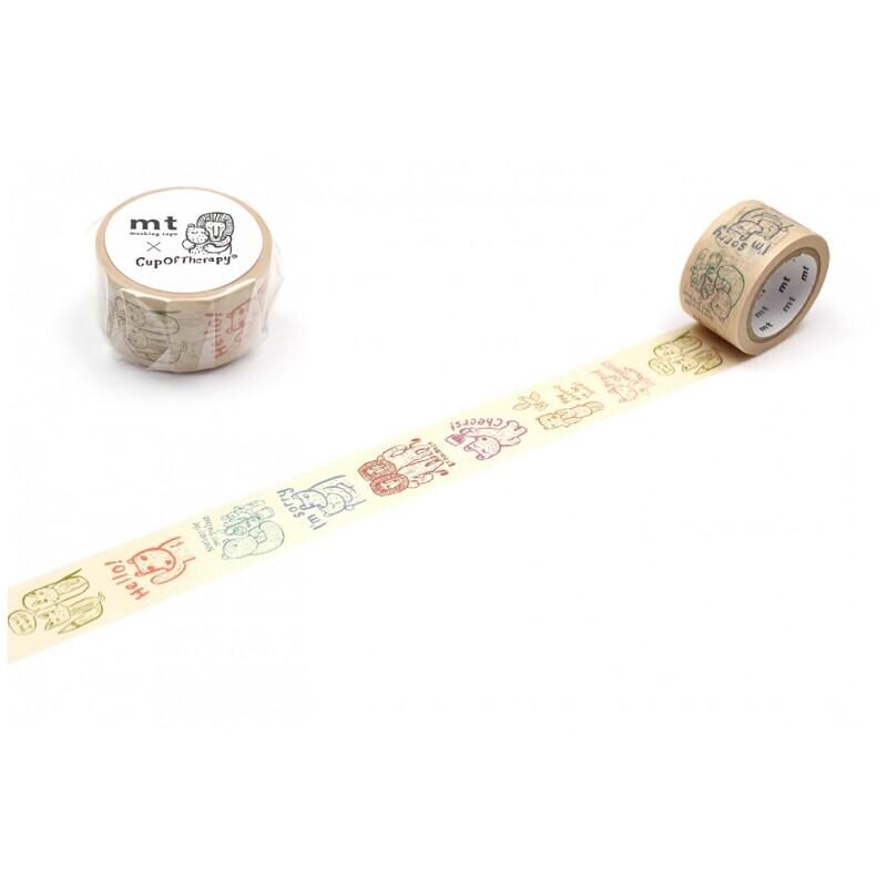 a roll of colorful tape with various cartoon-style illustrations on it, lying on a white surface.
