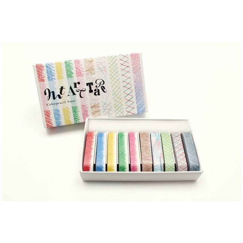 A box containing nine colorful pencils with various designs, and a set of colored pencils inside the box.