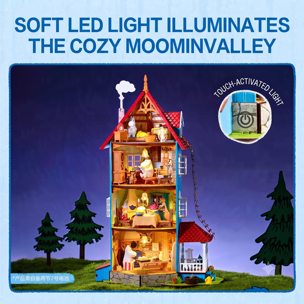 The image is a detailed cutout of a multi-level dollhouse with various rooms and accessories, including a fireplace, a balcony, and a birdhouse. The dollhouse is illuminated by soft LED lights, creating a cozy and inviting atmosphere.