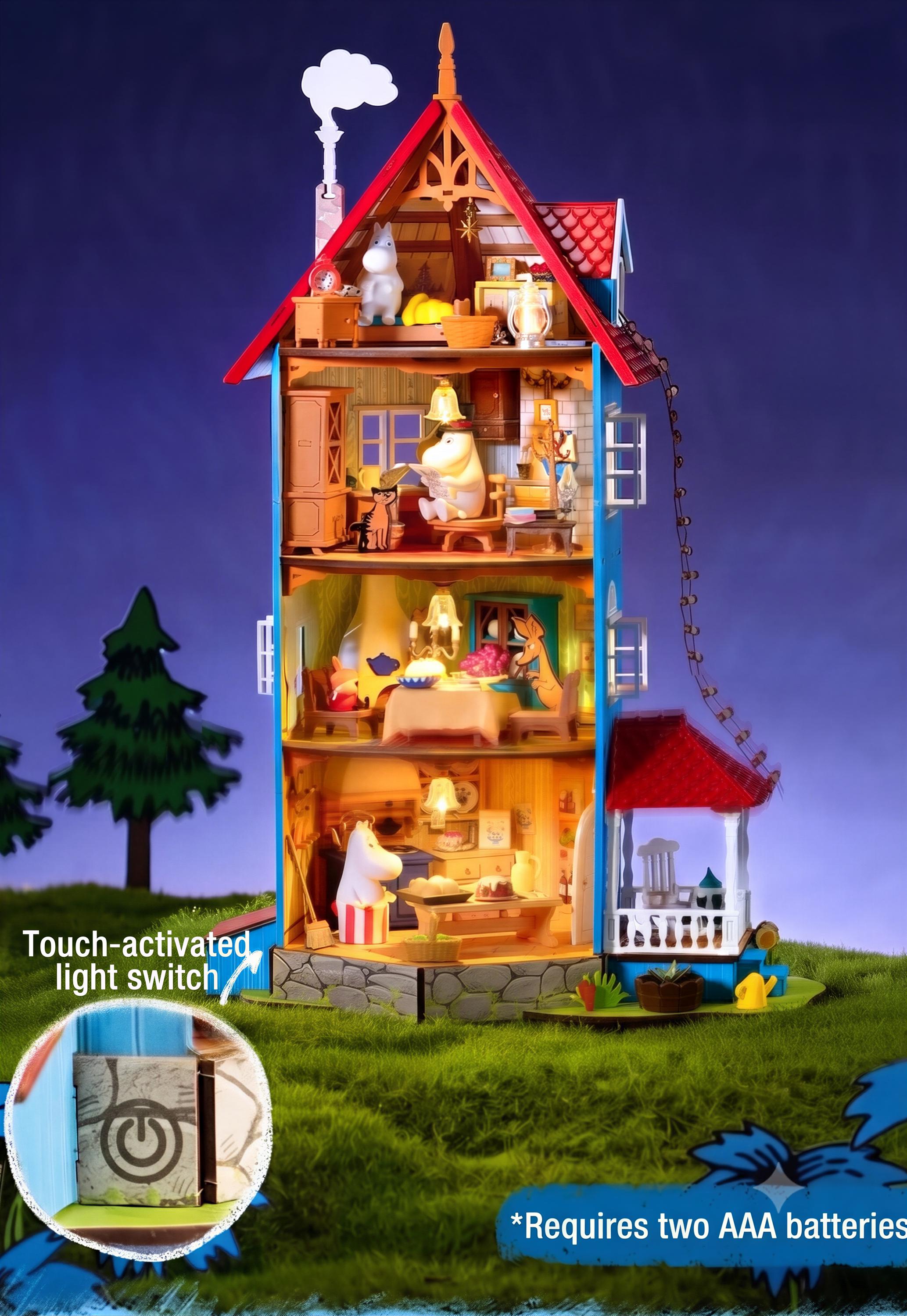 A detailed 3D model of a house with various rooms and furniture, including a red roof, a chimney, and a balcony. The house appears to be a miniature version of a real house, with a touch-activated light switch visible on the front.
