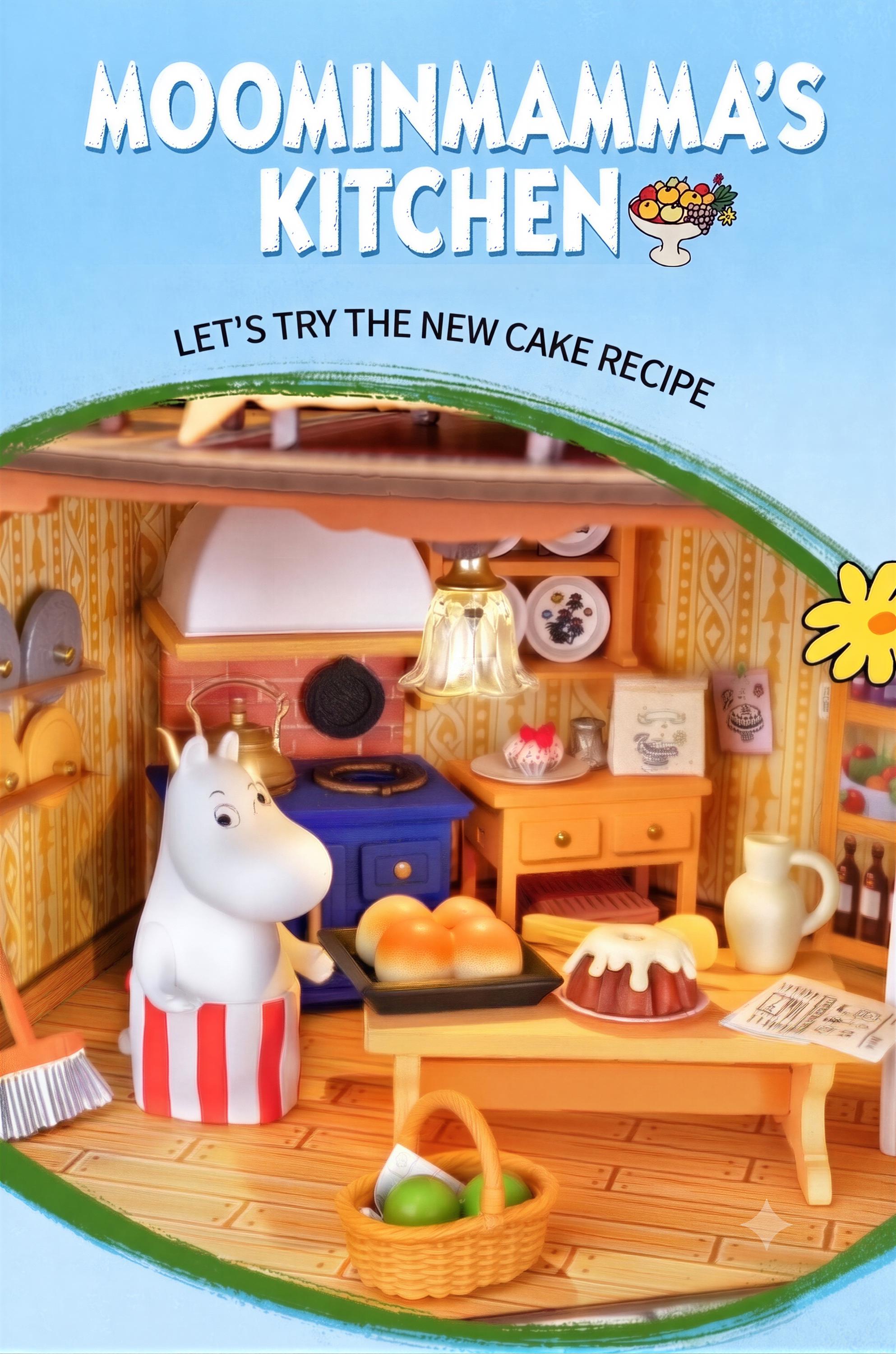 The image is a colorful and whimsical depiction of a kitchen scene, featuring a character sitting on a stool and various kitchen items such as a cake, fruit, and other objects.