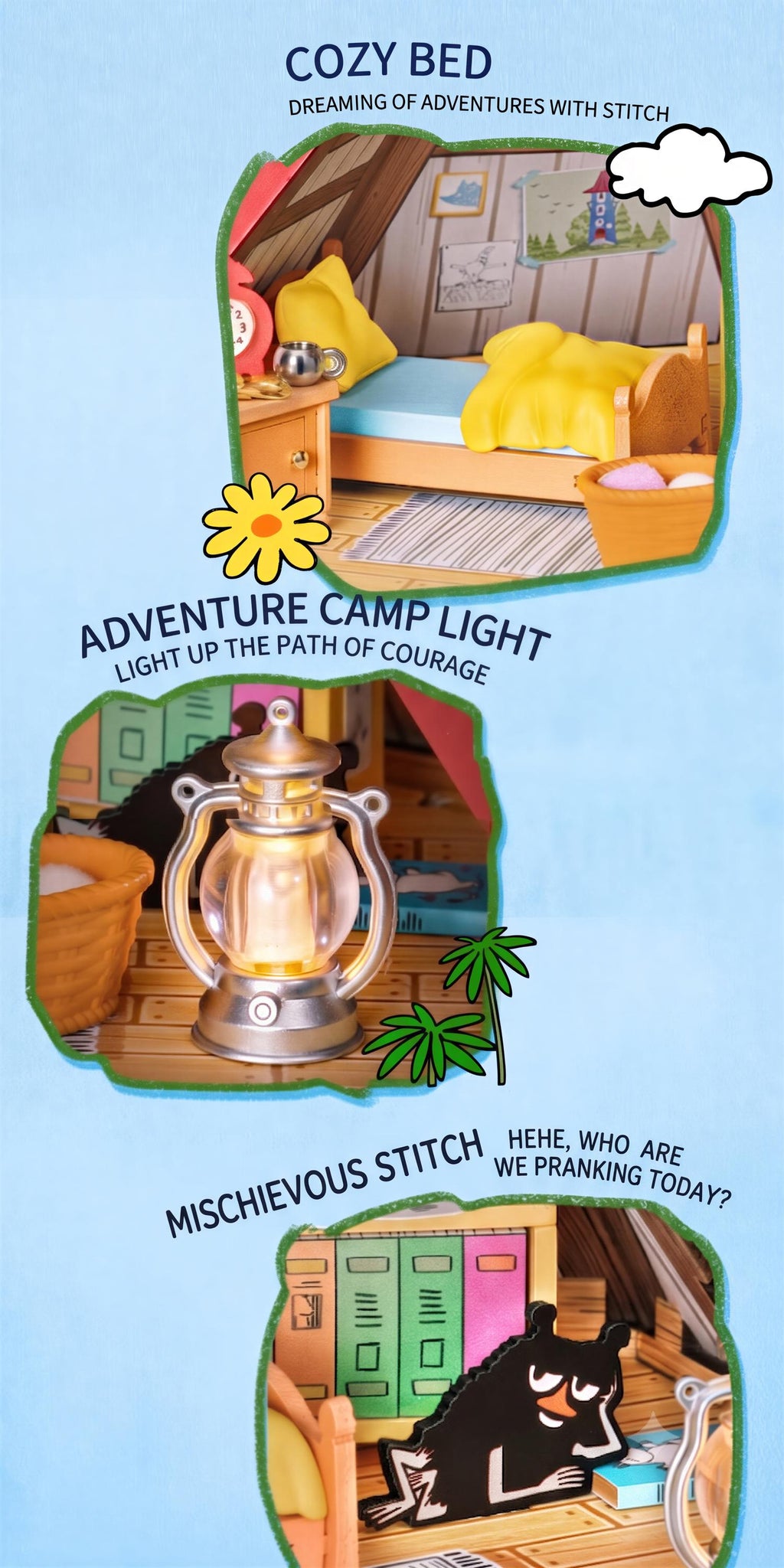 The image is a collage of three different scenes, each featuring various objects and text. The first scene shows a cozy bed with a yellow blanket and a yellow flower. The second scene depicts an adventure camp light with a lantern. The third scene shows a mischievous stitch with a cartoon character and text.