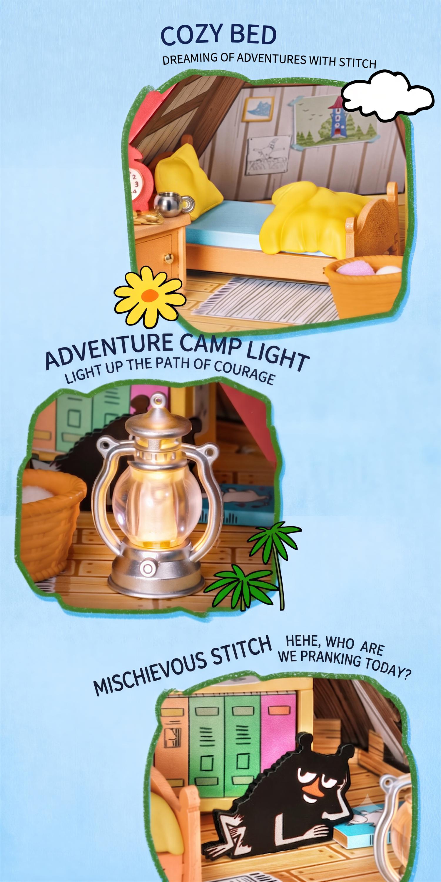 The image is a collage of three different scenes, each featuring various objects and text. The first scene shows a cozy bed with a yellow blanket and a yellow flower. The second scene depicts an adventure camp light with a lantern. The third scene shows a mischievous stitch with a cartoon character and text.