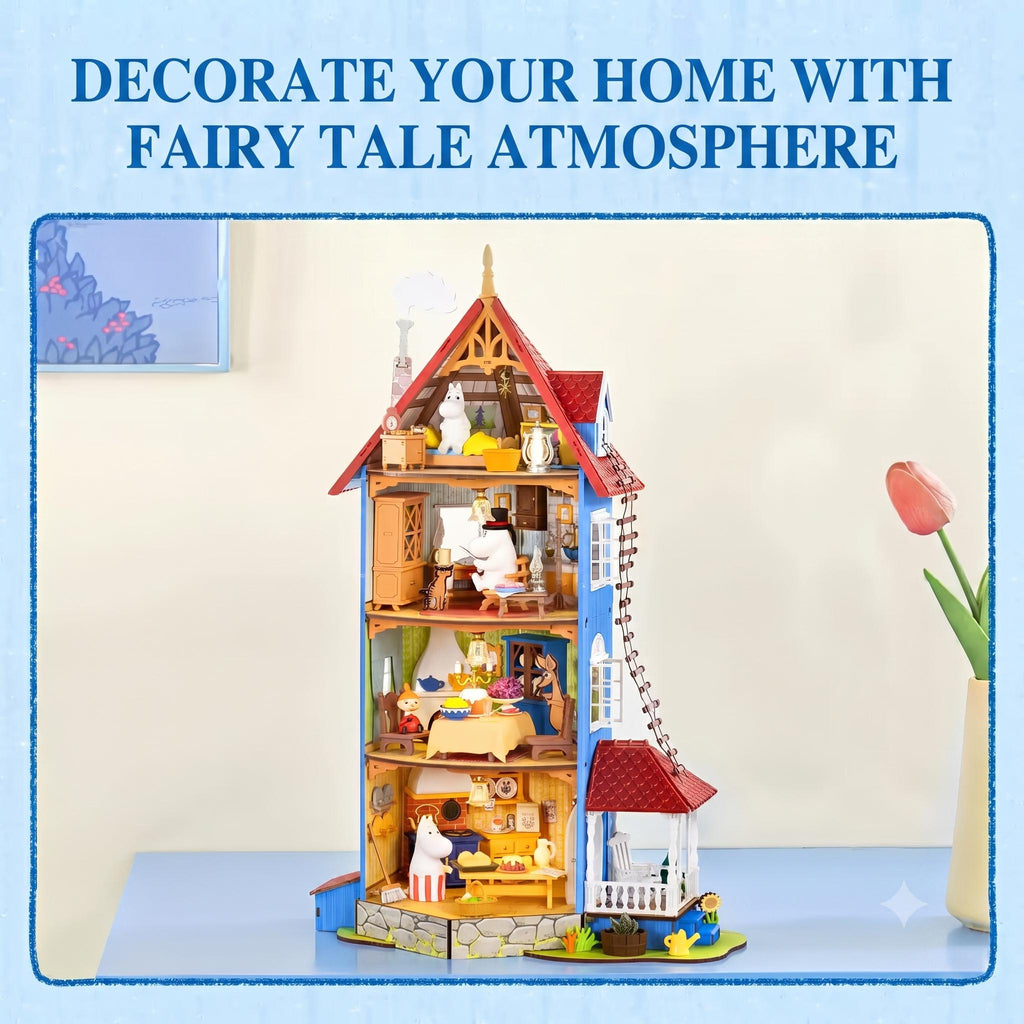 a colorful and detailed model of a house, with various rooms and accessories, such as a bed, chairs, and a vase, arranged in a three-story structure.
