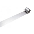 A roll of silver tape is lying on its side on a white background.