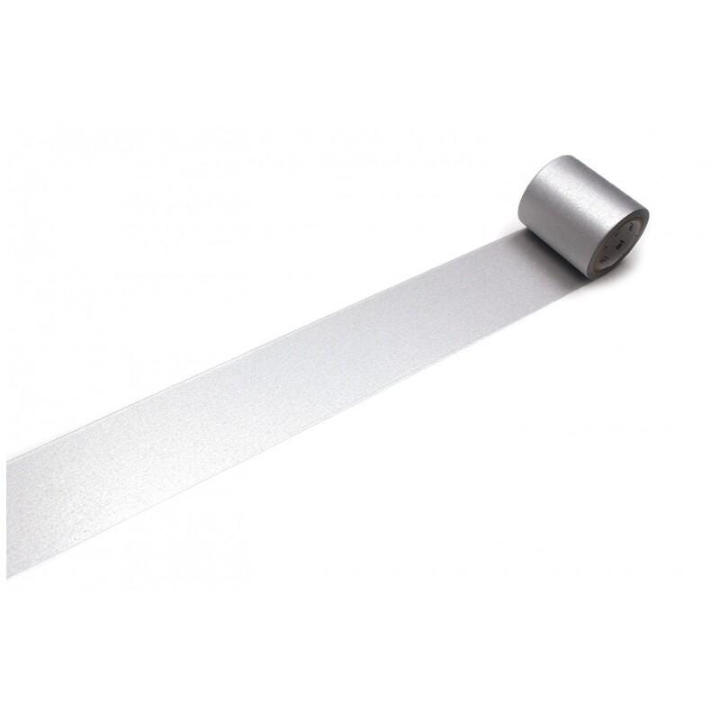 A roll of silver tape is lying on its side on a white background.