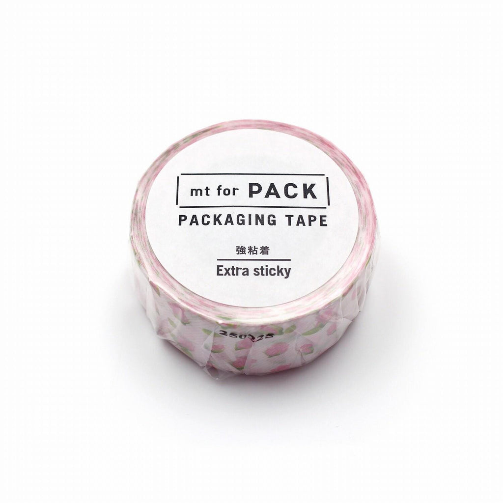 A roll of pink and white patterned tape labeled "mt for PACK" and "PACKAGING TAPE" with the text "Extra sticky" printed on it.