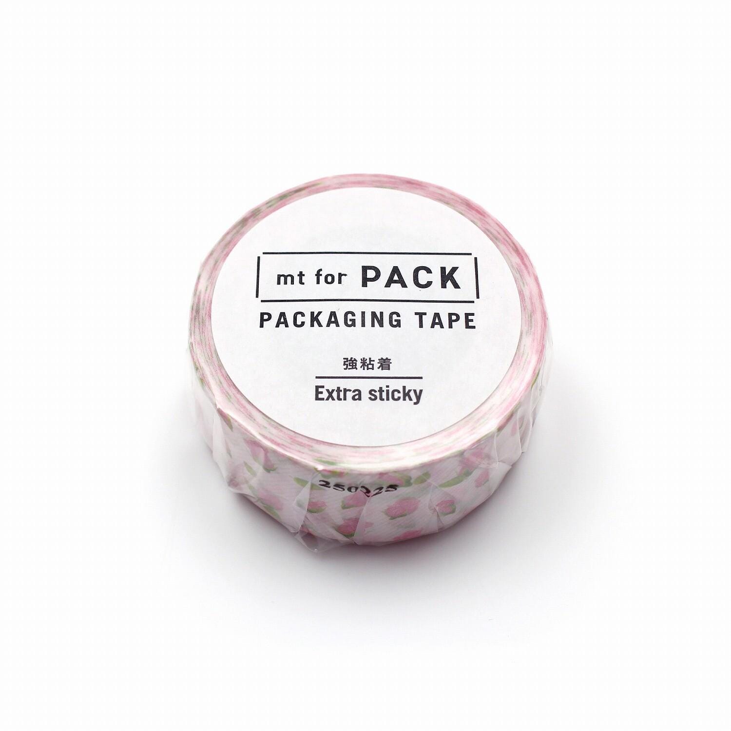 A roll of pink and white patterned tape labeled "mt for PACK" and "PACKAGING TAPE" with the text "Extra sticky" printed on it.