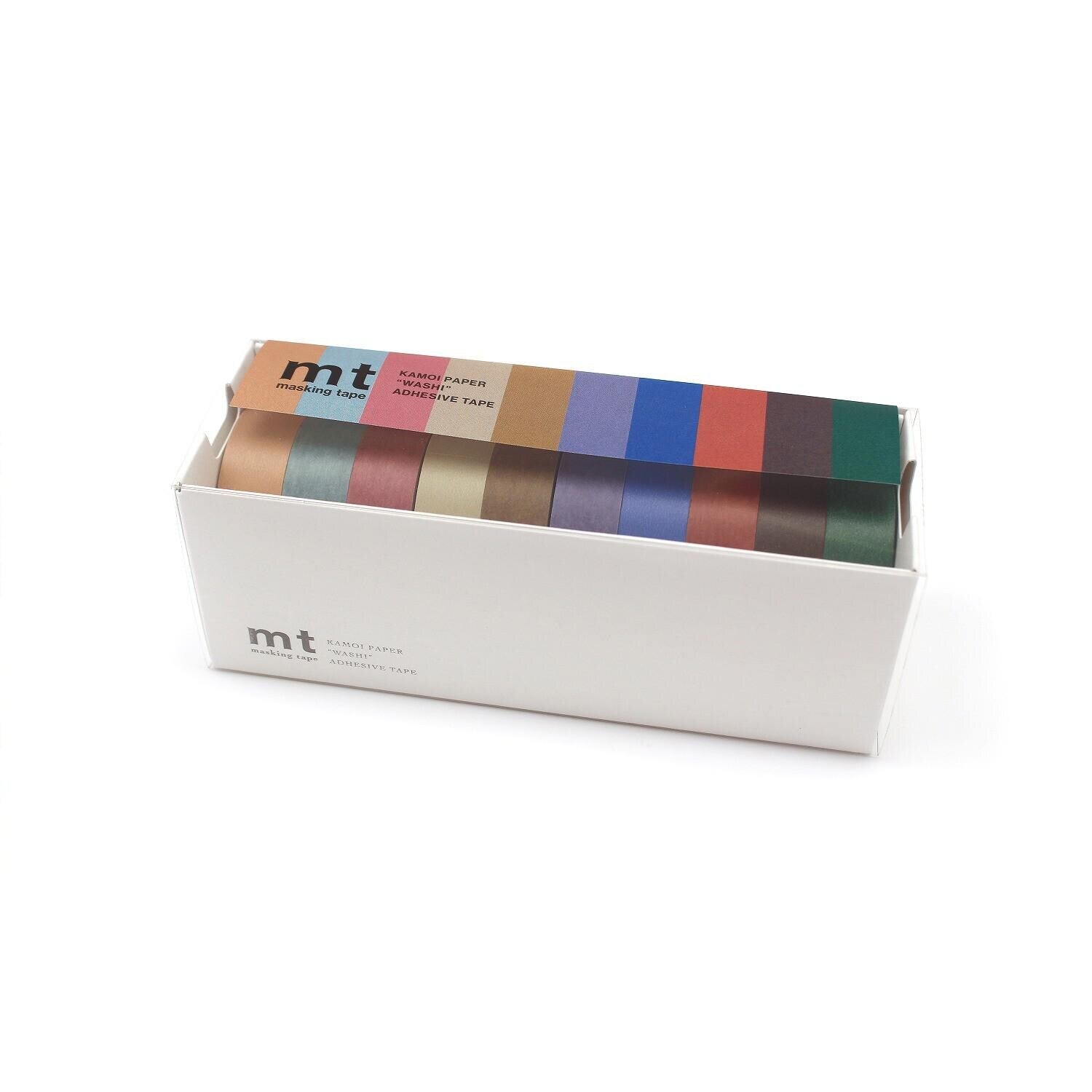 A white box containing a set of colorful washi tape rolls.