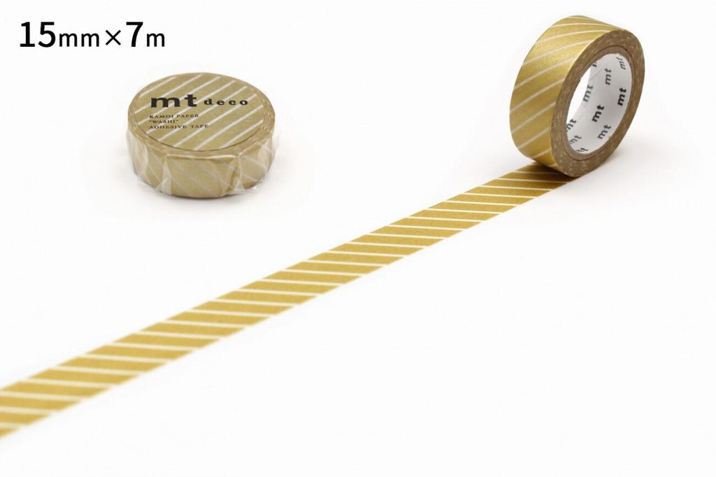 two rolls of gold-colored tape with a striped pattern, placed on a white background.