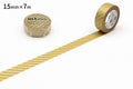 two rolls of gold-colored tape with a striped pattern, placed on a white background.
