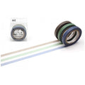 a package of colored tapes and a roll of blue tape on a white background.