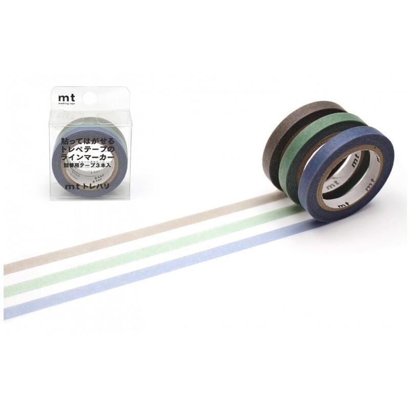 a package of colored tapes and a roll of blue tape on a white background.