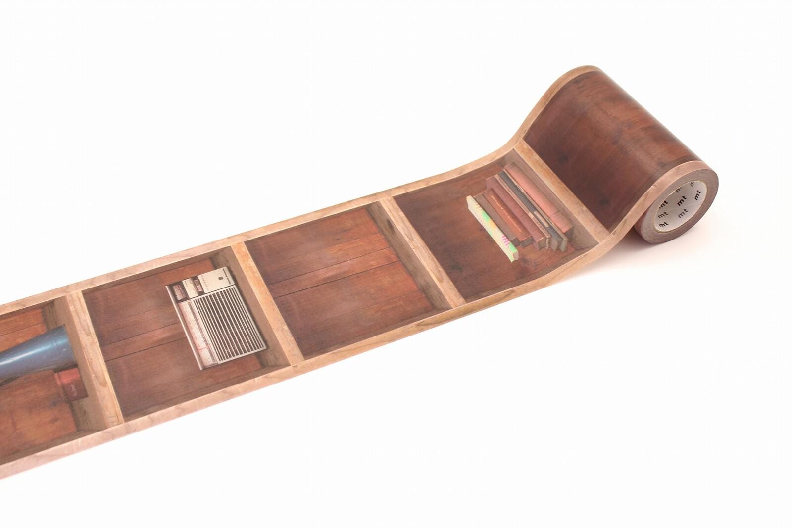 A roll of paper with a wooden texture and a small image of a bookshelf on it.