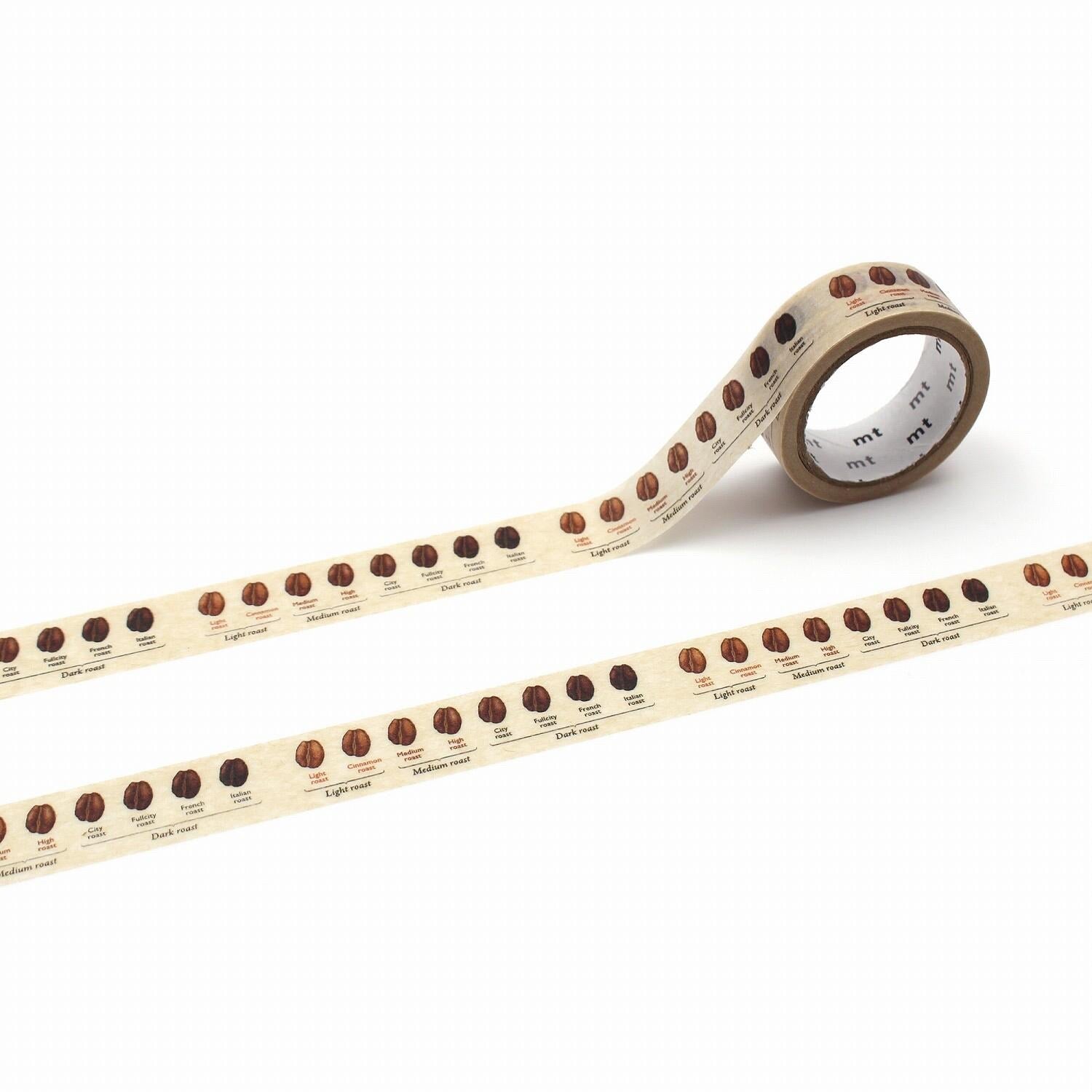 a roll of tape with a repeating pattern of coffee bean illustrations on it.