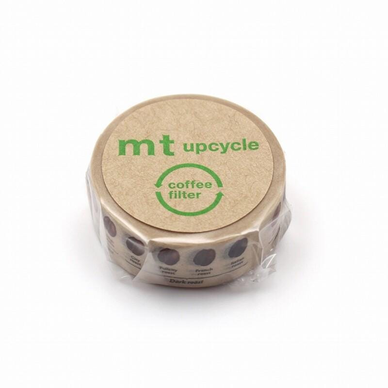 A circular container with a cardboard lid, featuring the text "mt upcycle coffee filter" and images of coffee beans.