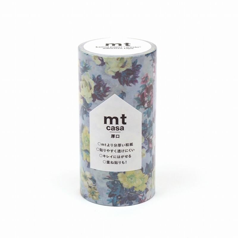 A cylindrical container with a floral pattern and text on it.