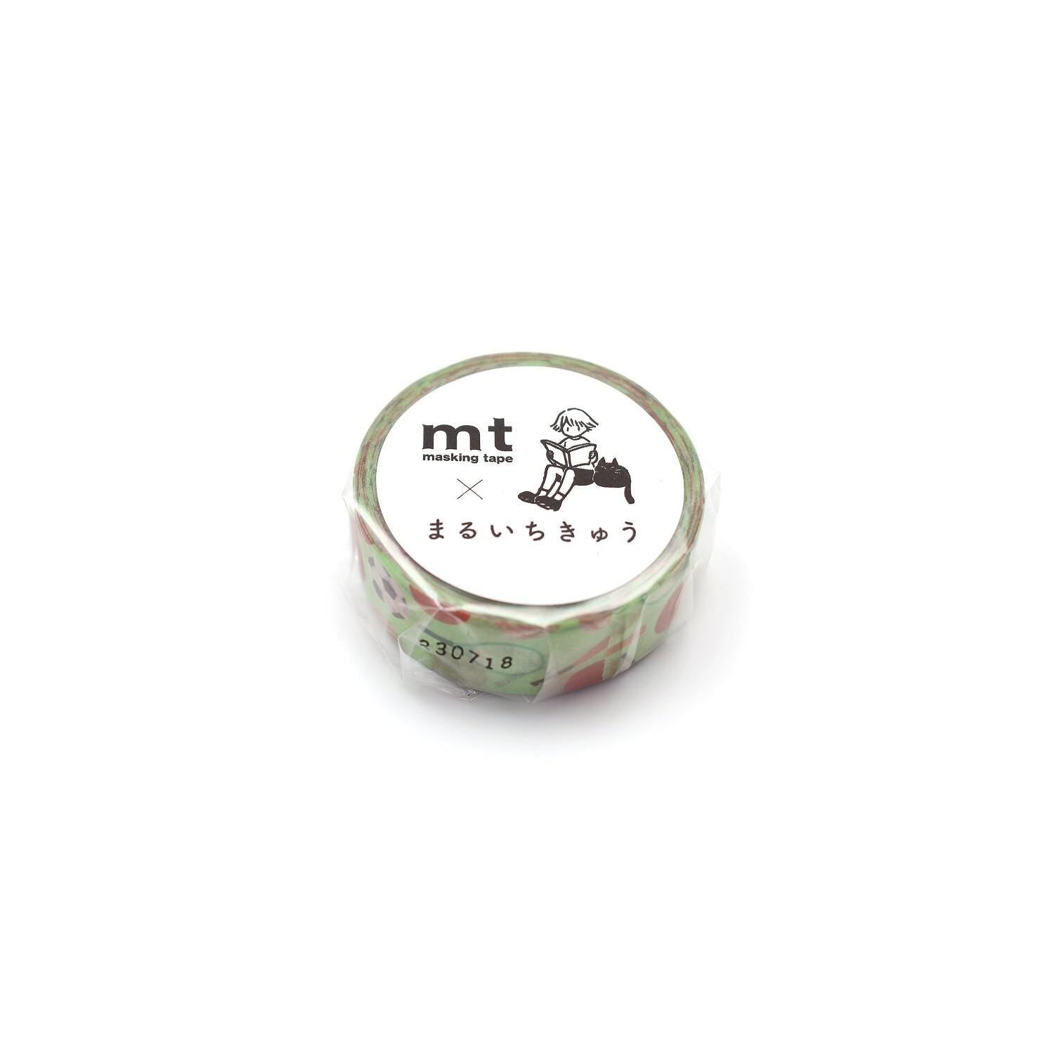 A roll of masking tape with a label that includes text and an illustration.