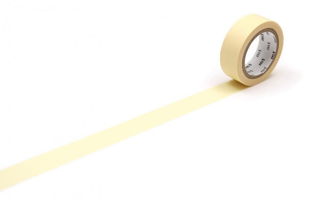 A roll of yellow tape with a white label is placed on a white surface, with a long yellow line extending from the tape.