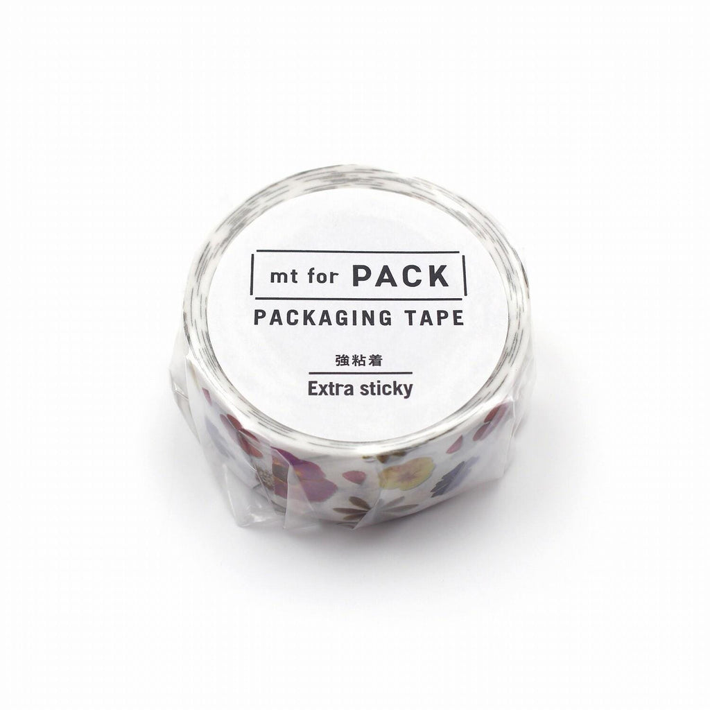 A roll of packaging tape with the text "mt for PACK PACKAGING TAPE Extra sticky" printed on it.