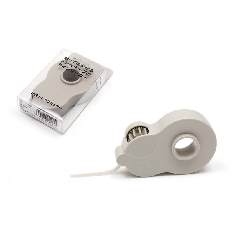 a gray tape dispenser and its packaging, both placed on a white background.