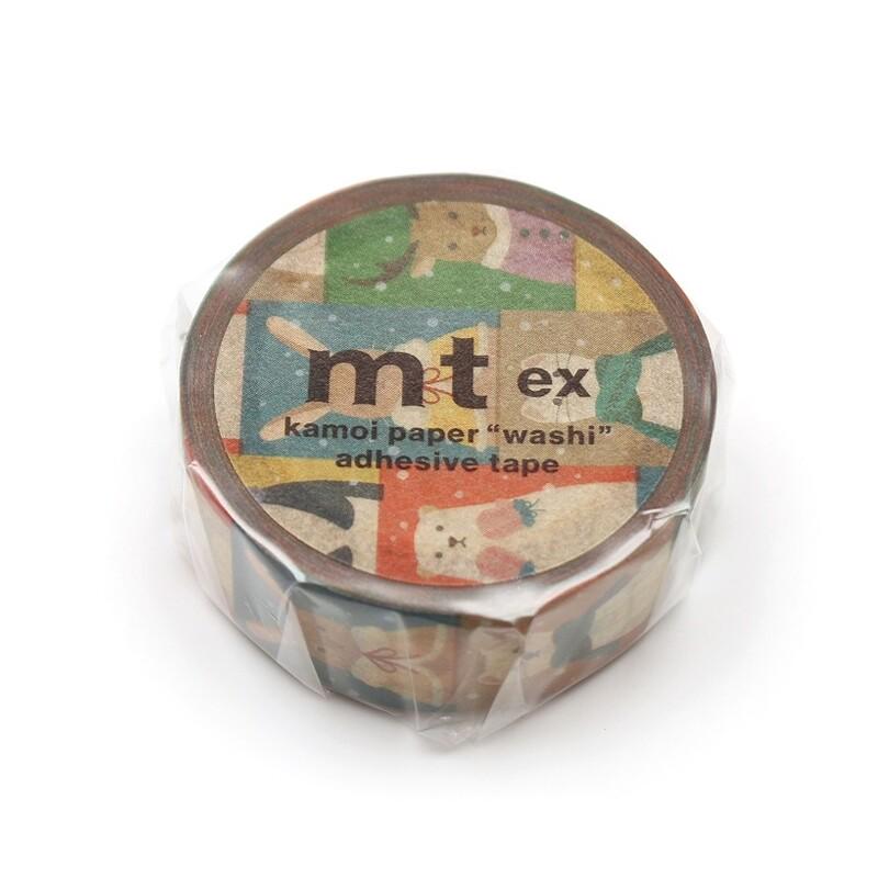 A roll of kamoi paper washi adhesive tape with a colorful, patterned design on the label.