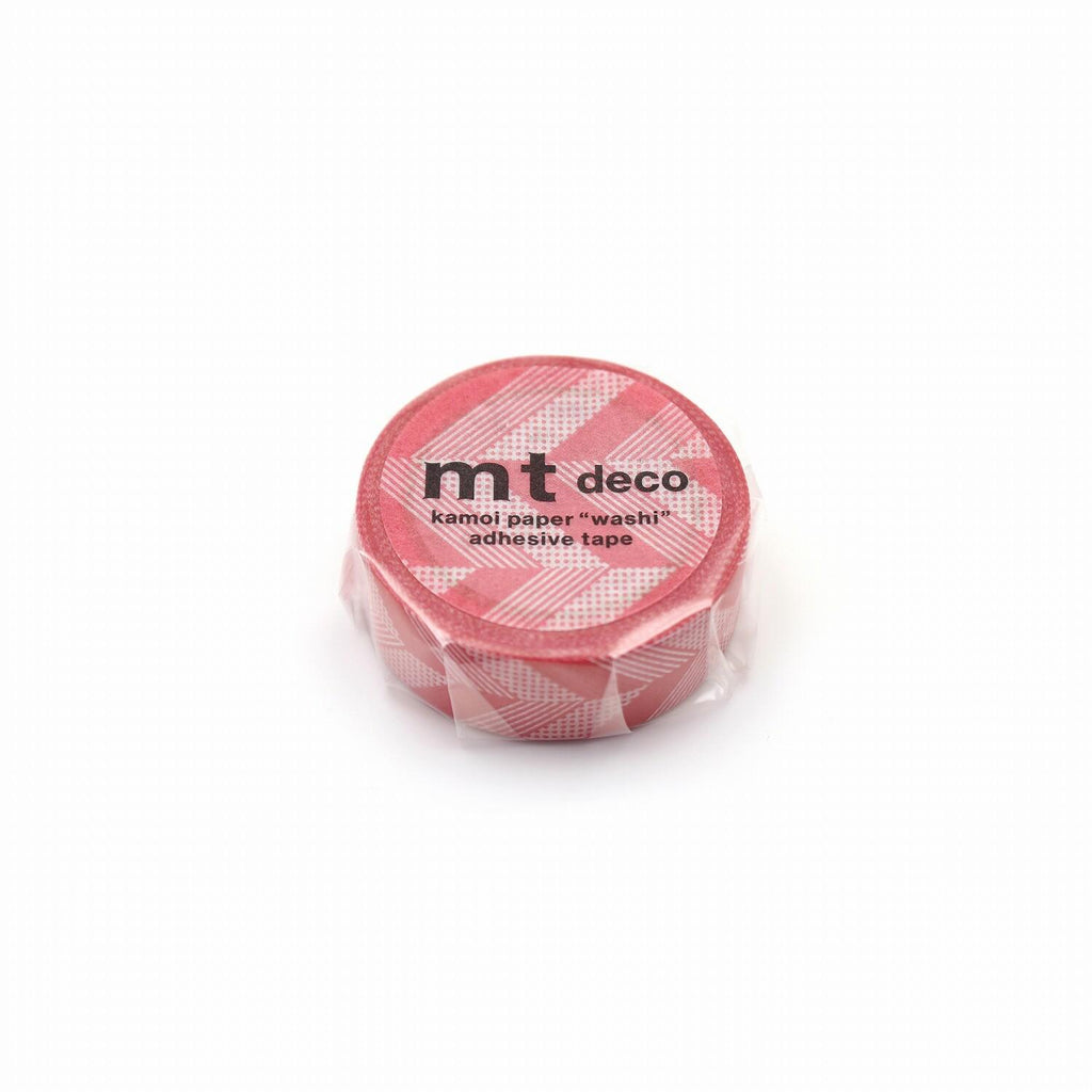 A red and white checkered tape roll with the text "mt deco kamoli paper "washi" adhesive tape" printed on it.