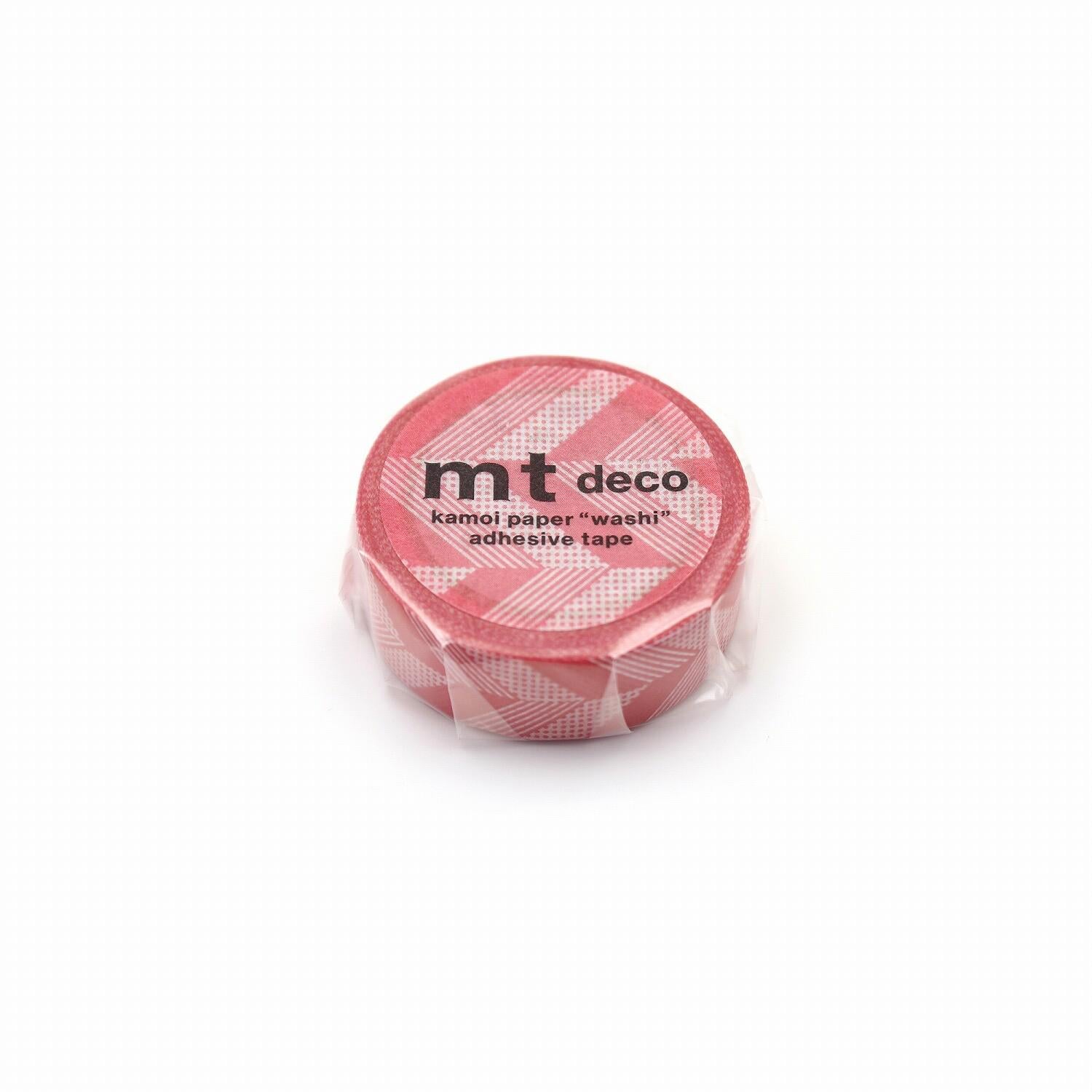 A red and white checkered tape roll with the text "mt deco kamoli paper "washi" adhesive tape" printed on it.