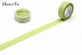 a roll of green and white striped tape with a label, and a single roll of tape on a white background.