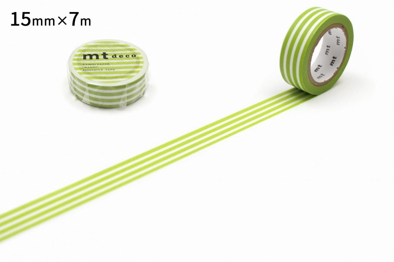 a roll of green and white striped tape with a label, and a single roll of tape on a white background.