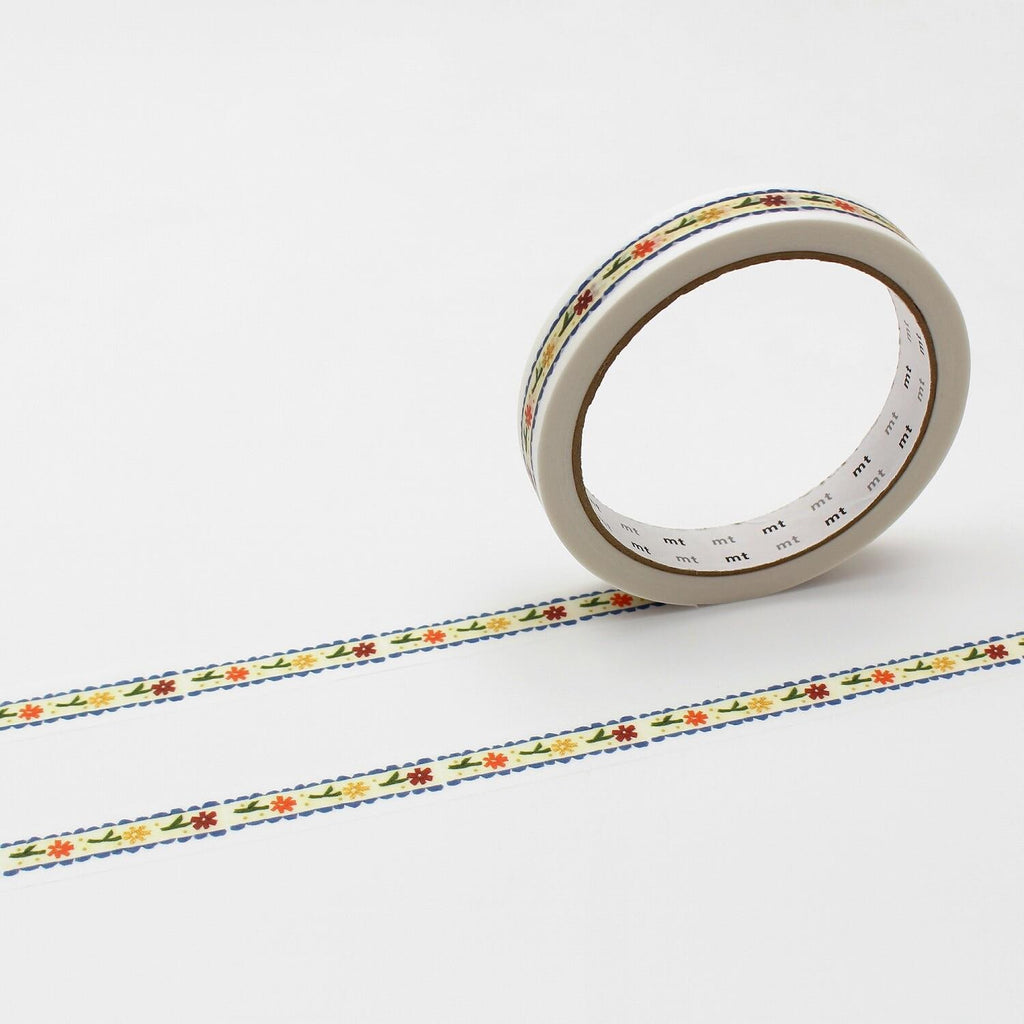 a roll of decorative tape with a floral pattern on it, placed on a white surface.