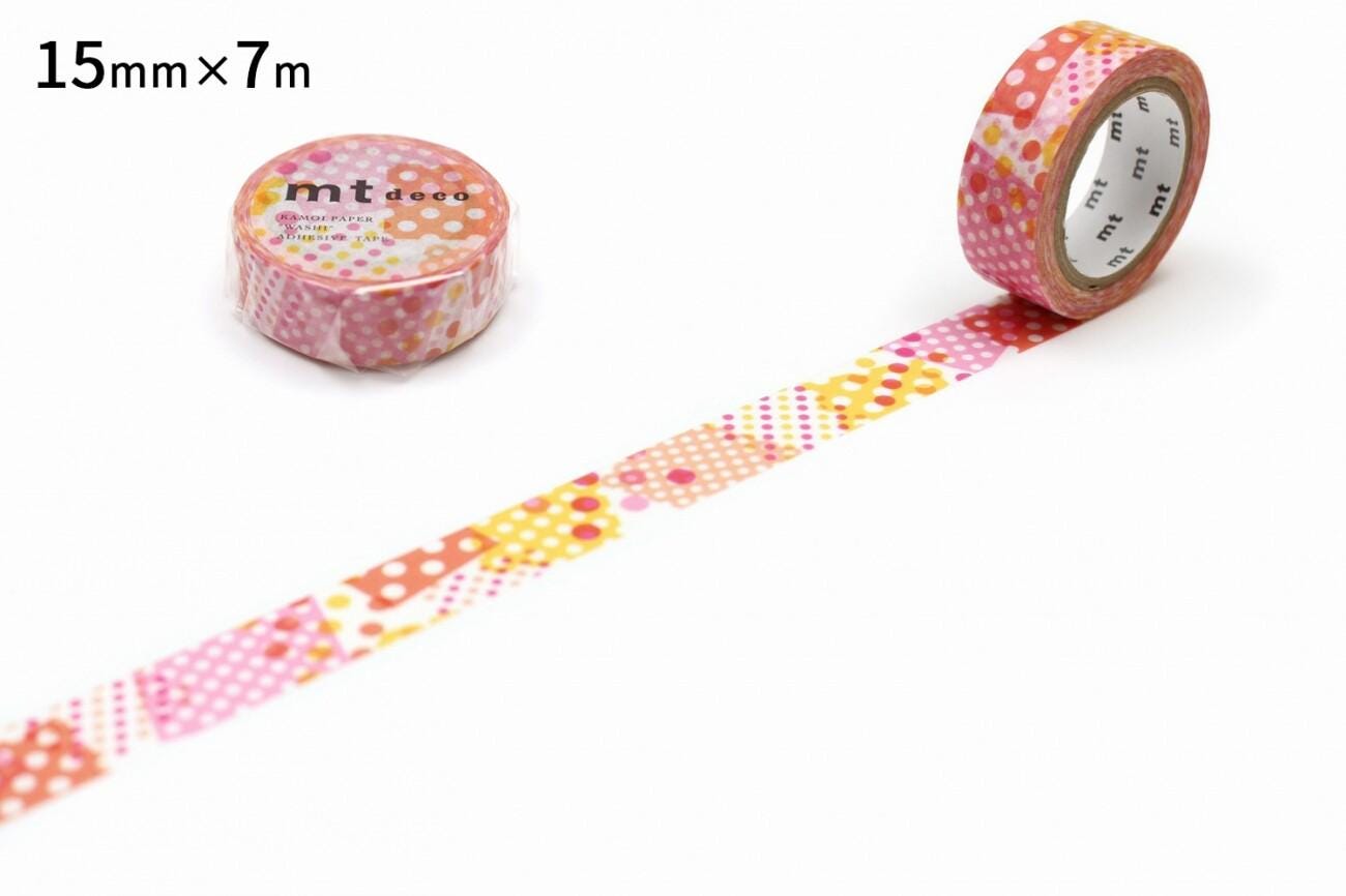 a roll of pink and white polka dot patterned tape on a white background.