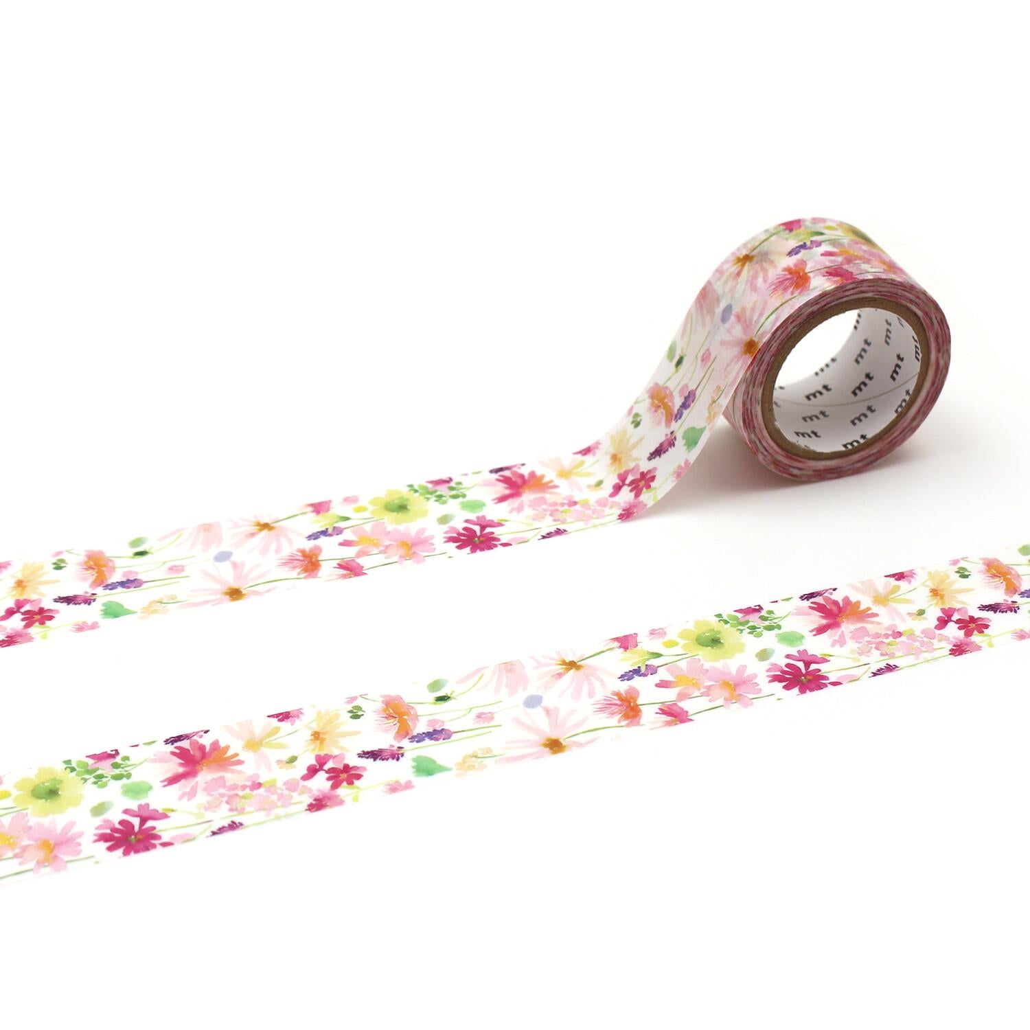 a roll of floral patterned tape on a white background.