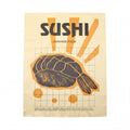 The image is a poster for sushi, featuring a stylized illustration of a sushi roll and geometric shapes in shades of orange and black.