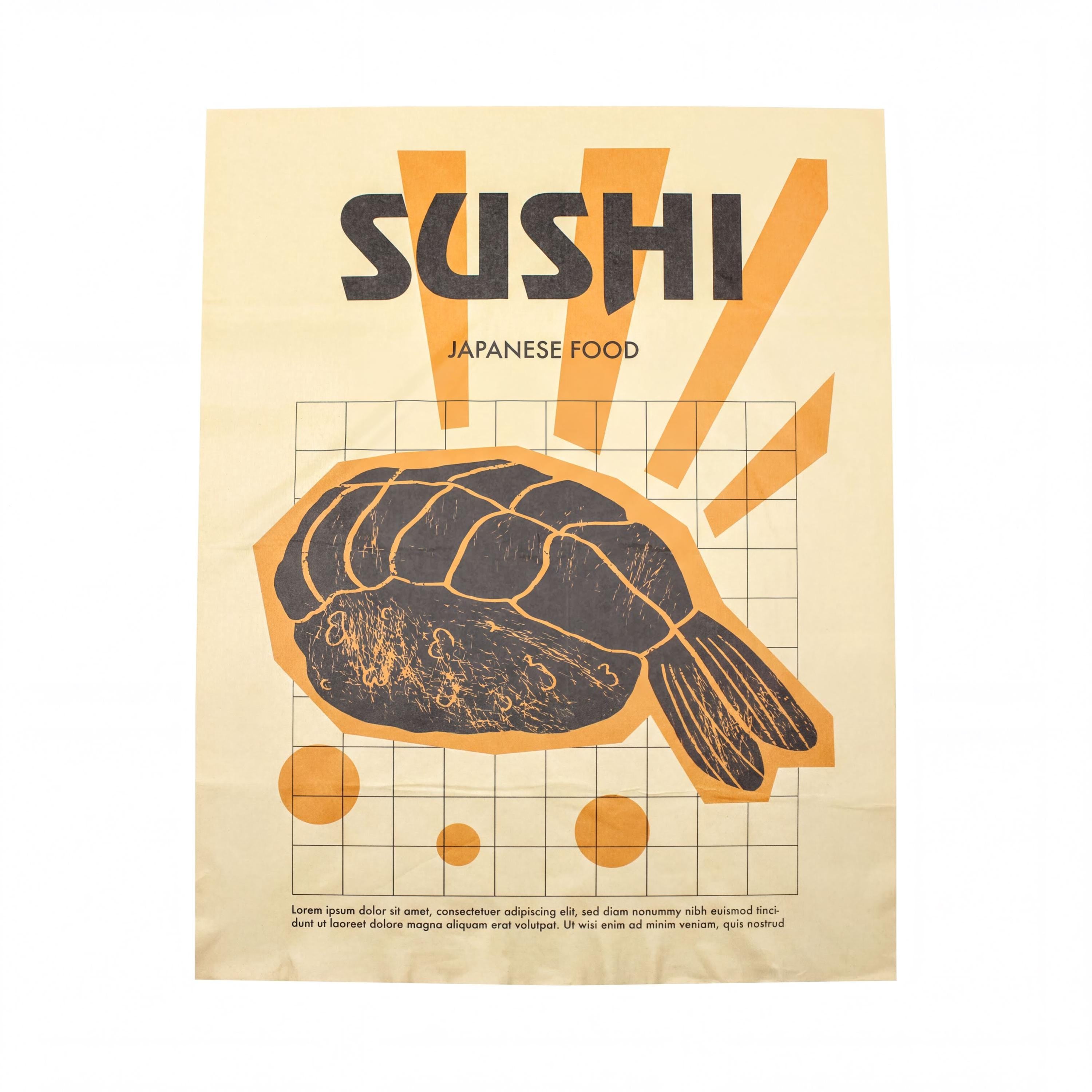 The image is a poster for sushi, featuring a stylized illustration of a sushi roll and geometric shapes in shades of orange and black.
