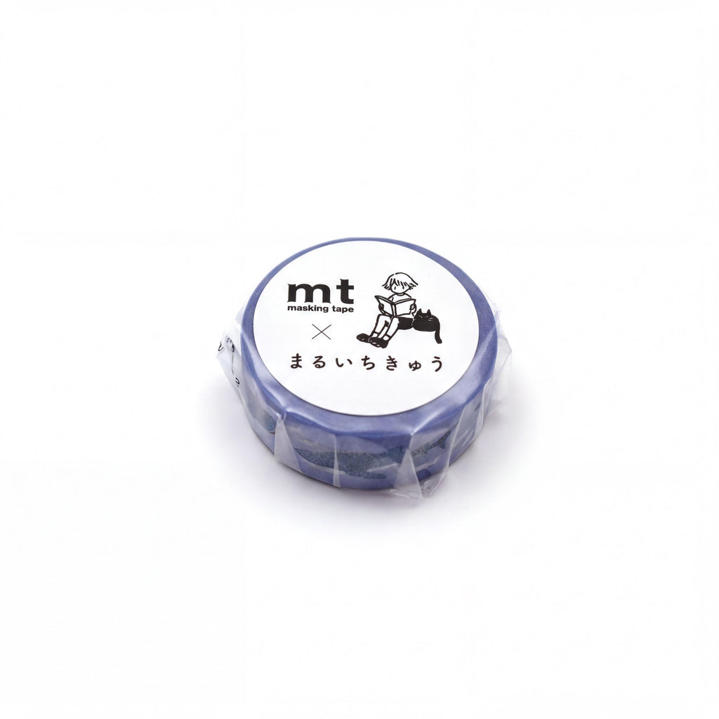A blue circular object with a white label featuring a cartoon character and text.