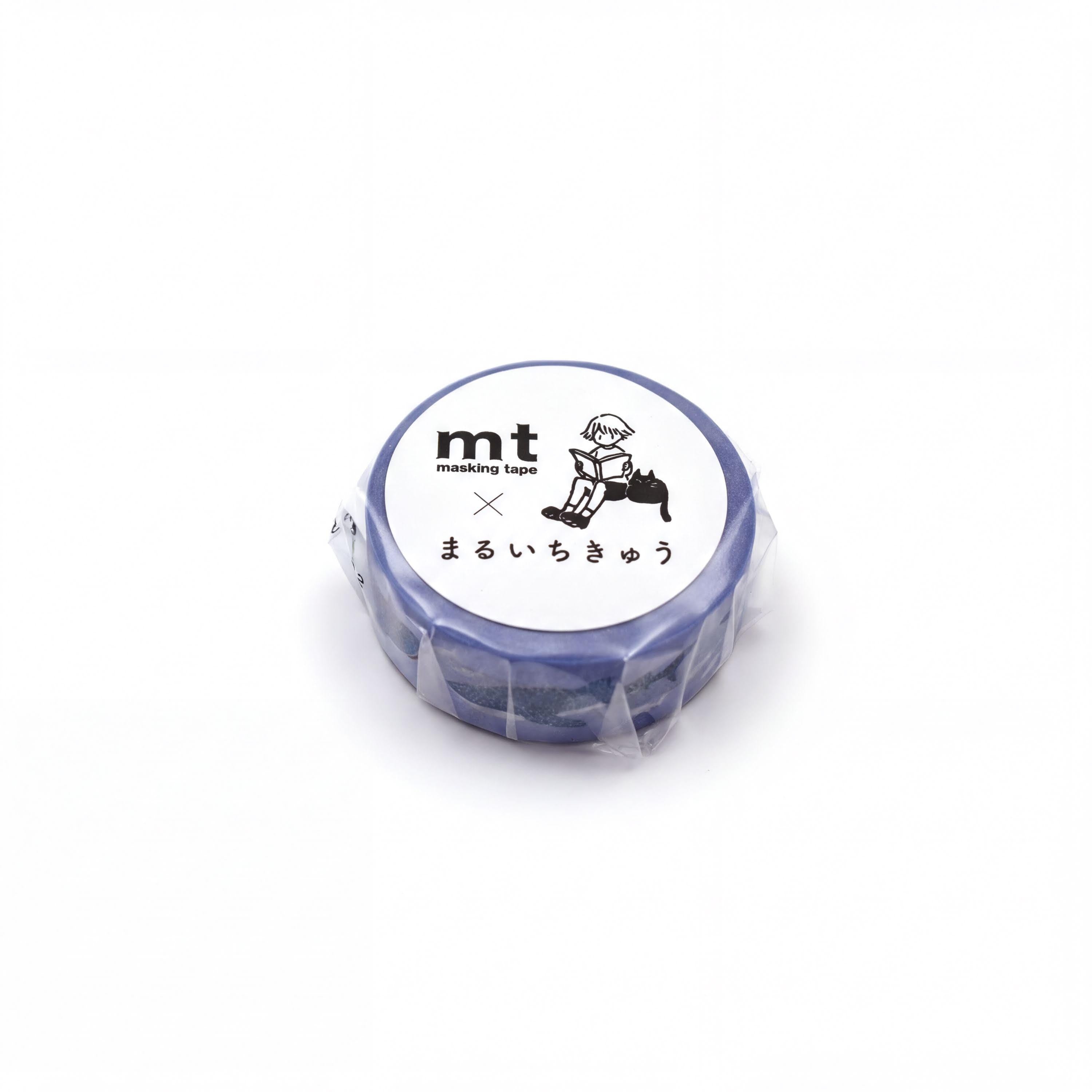 A blue circular object with a white label featuring a cartoon character and text.