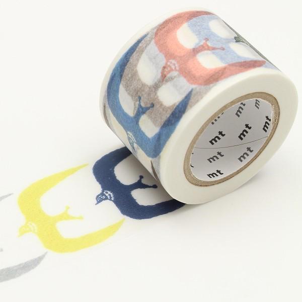 A roll of colorful washi tape with a pattern of birds on it, lying on a white surface.