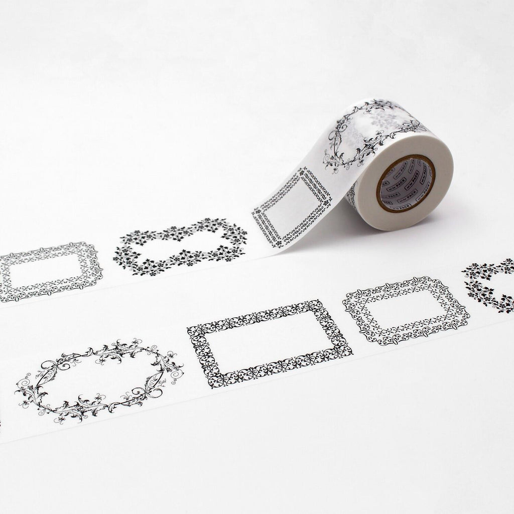 a roll of decorative tape with various floral and ornamental designs printed on it, along with a few additional frames or shapes.