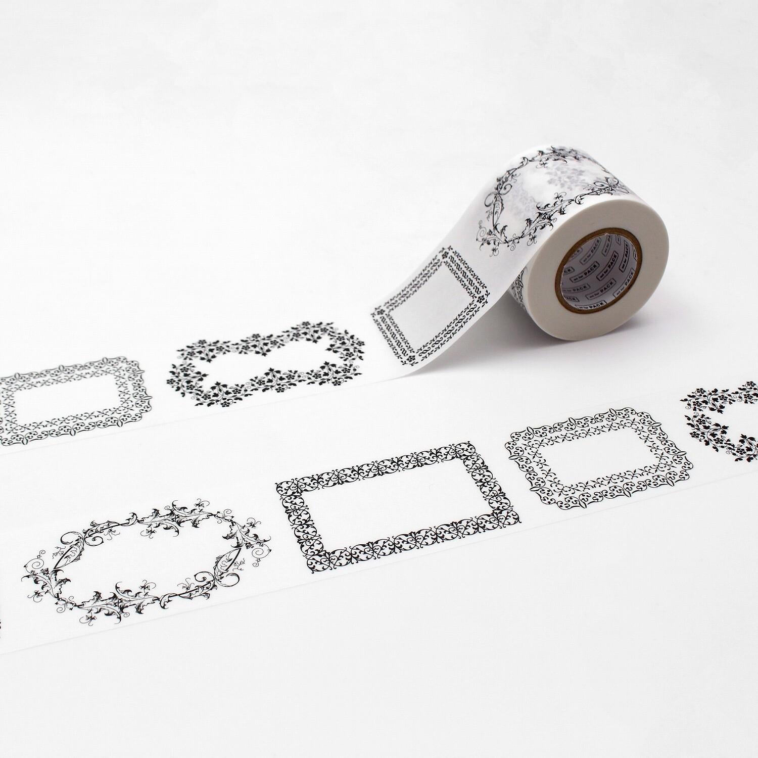 a roll of decorative tape with various floral and ornamental designs printed on it, along with a few additional frames or shapes.