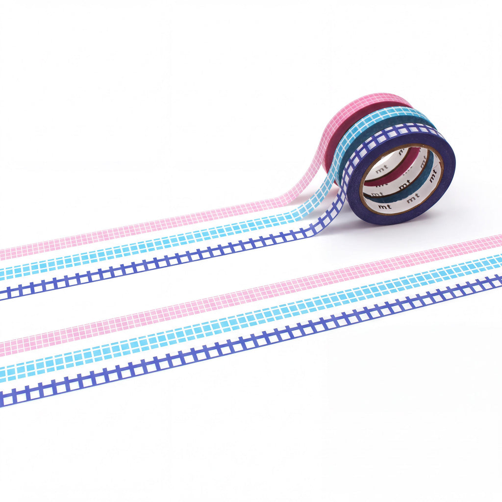 A roll of colorful washi tape with various patterns, including stripes, polka dots, and checkered designs, is shown against a white background.