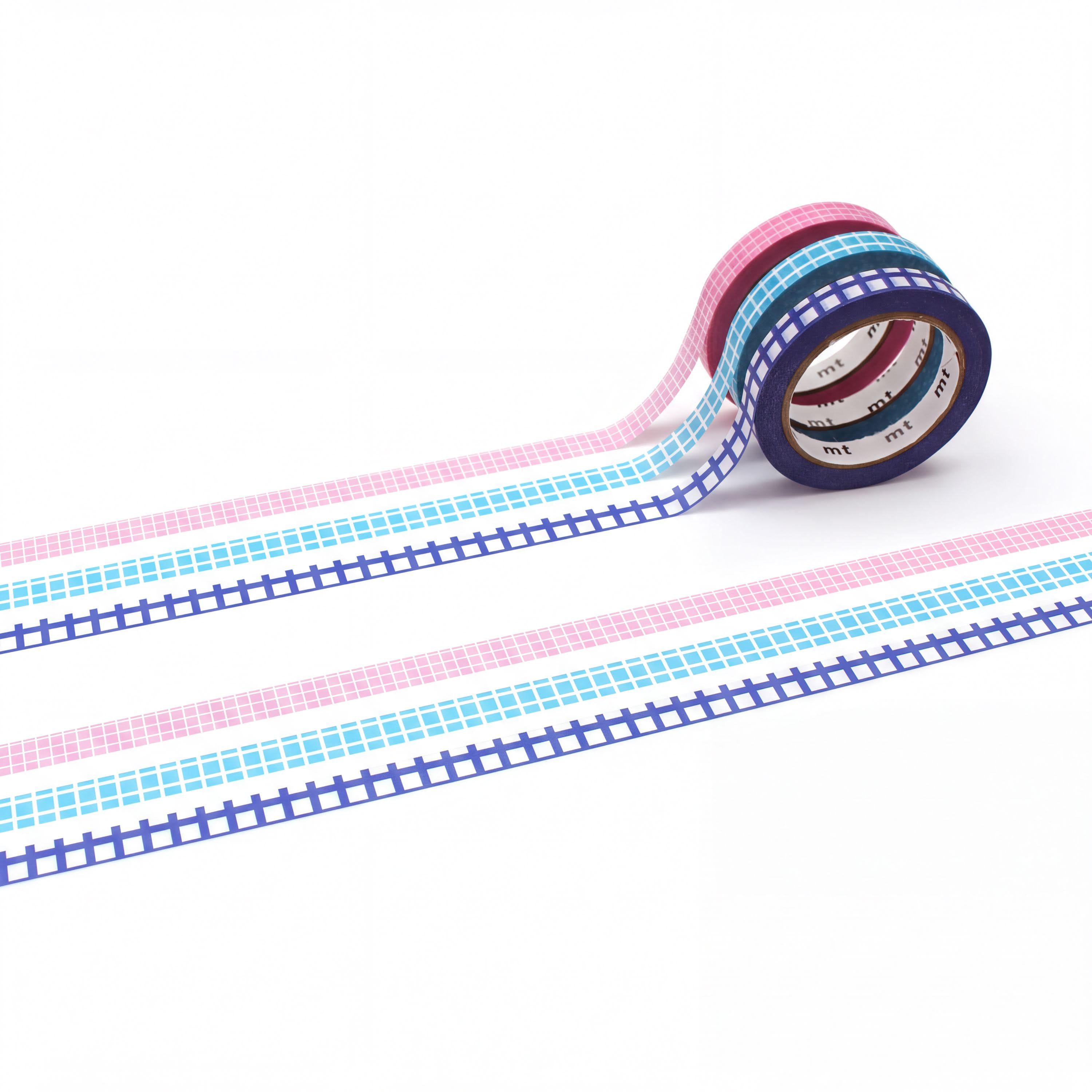 A roll of colorful washi tape with various patterns, including stripes, polka dots, and checkered designs, is shown against a white background.